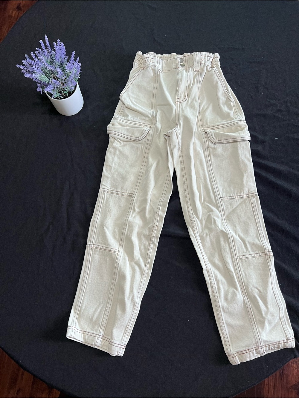 PacSun Cream-Stitch High-Waist Cargo Pants